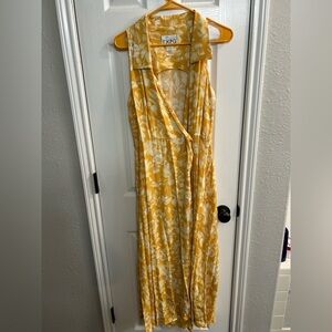 EXPO vintage yellow white floral long wrap collared sleeveless dress size 8
